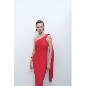 Rochie midi cu decolteu pe un umar si funda