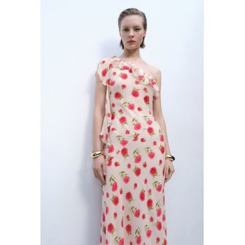 Rochie midi cu decolteu pe un umar si volane