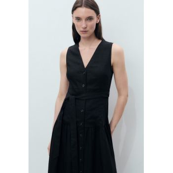 Rochie midi din amestec de in cu cordon in talie si croiala in A - Negru -