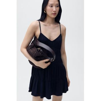 Rochie scurta cu croiala dreapta si segmente cu fronseuri - Bleumarin -