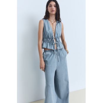 Top din denim cu cordon in talie - Albastru prafuit -