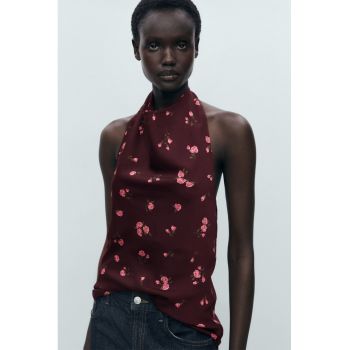 Top halter cu decolteu drapat si model floral