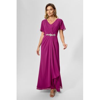 Rochie de ocazie din voal cu strass-uri in talie Marvela Magenta ieftina