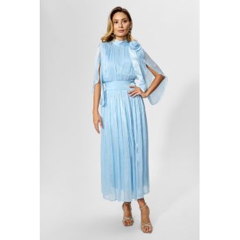 Rochie de ocazie din voal satin cu floare 3D Averria Bleu