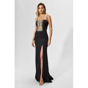 Rochie de ocazie premium cu strass-uri si crepeu in fata Epical Neagra
