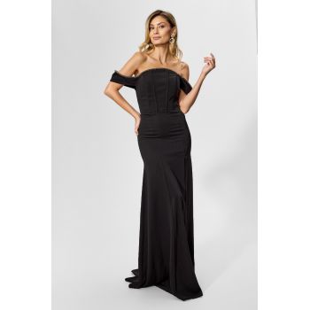 Rochie de ocazie premium cu strass-uri si umerii goi Jovanna Neagra