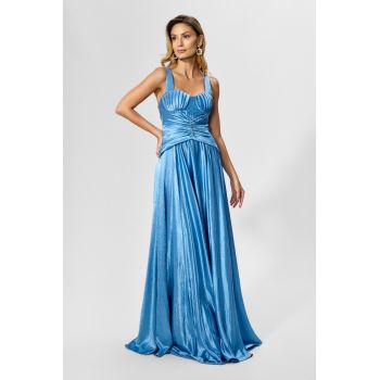 Rochie de ocazie premium din satin cu strass-uri in talie Joviale Indigo