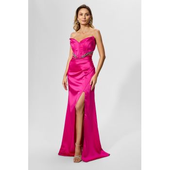 Rochie de ocazie premium din satin cu strass-uri Sarrya Fucsia