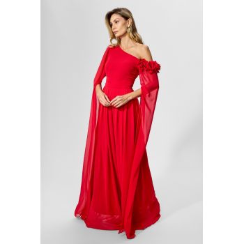 Rochie de ocazie premium din voal cu flori 3D Splendoria Rosie