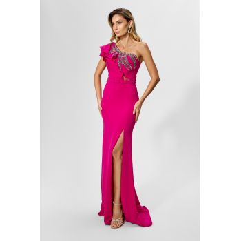 Rochie de ocazie premium tip one shoulder cu crepeu pe un picior Million Fucsia