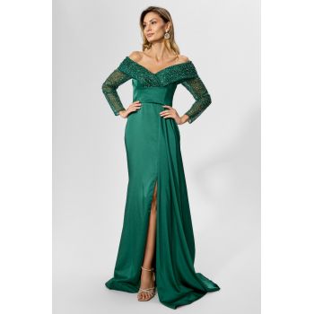 Rochie de ocazie premium tip sirena cu strass-uri si detaliu tip esarfa din talie Idonia Verde