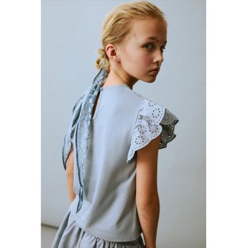 Tricou din bumbac cu maneci din dantela sangallo