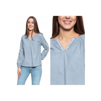Bluza Dama -  Edda V Embroidery - Croi Normal - Fara Inchidere - Maneci Lungi - 100% Bumbac - S Intl - Albastru