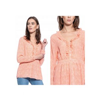 Bluza Dama -  Emma V Flounce - Croi Normal - Lejera - Nasturi - Mansete Lungi - S Intl - Portocalie