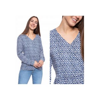 Bluza Dama -  Erika V Printed - Croi Normal - Fara Inchidere - Maneci Lungi - 100% Bumbac - S Intl - Albastru