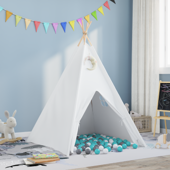 Gossi cort tip teepee pentru copii cu geanta piersica si bile de joaca alb