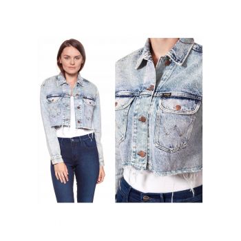 Jacheta din denim pentru femei  RETRO CROP JACKET M - Bumbac - Jacheta - Uni - Cu gluga - Cu nasturi - Albastru