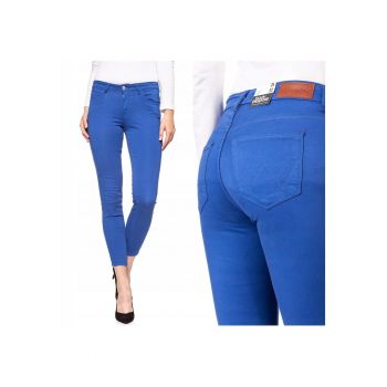 Pantaloni din stofa pentru femei  SKINNY CROP W27 L32 - Bumbac - Casual - Uni - Croiala ajustata - Capri - Fermoar - Confortabil - Albastru