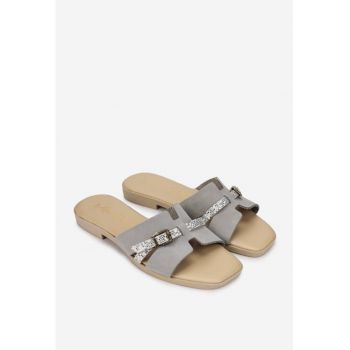 Sandale stil papuc dama din piele intoarsa gri de firma originale