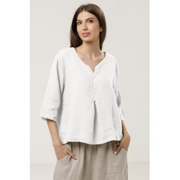 Bluza din in lejera cu nasturi decorativi, alba