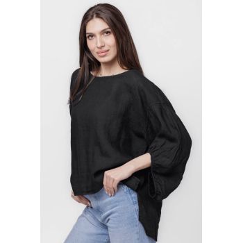Bluza din in neagra, masura mare, cu maneci ample bufante