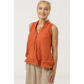 Bluza fara maneci din in cu decolteu moale, caramizie
