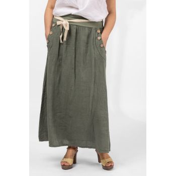Fusta lunga casual, kaki, din in, cu nasturi de lemn la buzunare