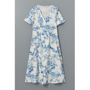 Rochie din amestec de in cu model floral si nasturi