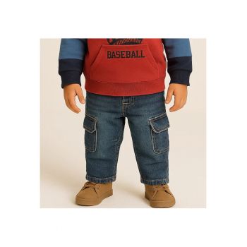 Blugi cargo cu talie elastica si buzunare in parti  - Athletic Team - Albastru Denim - pentru baietei