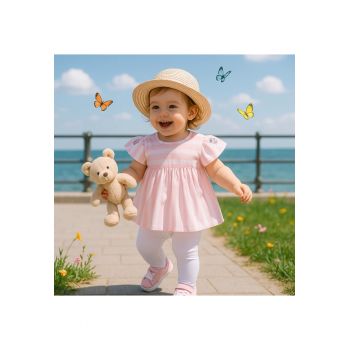 Bluza babydoll  - Flowers - Roz cu dungi albe - pentru fetite