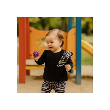 Bluza cu maneca lunga si detaliu volan  - Zebra`s - Negru cu volan Roz - pentru fetite