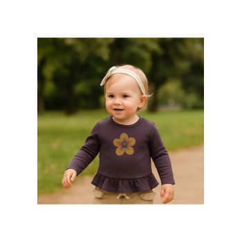 Bluza subtire cu maneca lunga - model cu floricica si volanas in talie -  - Time To Bloom - Mov - pentru fetite