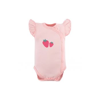 Body cu maneca scurta tip volan si model capsunele -  - Strawberry and Love - Roz - pentru fetite