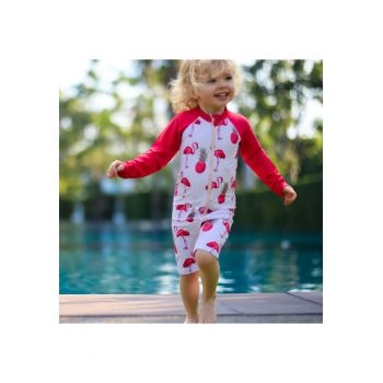 Costum de baie cu protectie solara UPF 50+ -  - Swimster Flamingo - Rosu si Alb - pentru fetite