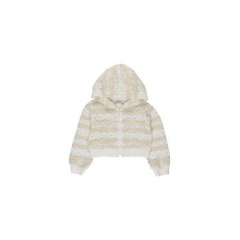 Jacheta crop din tesatura cu dantela  - Lace Effect - Dungi Alb si Bej - pentru fetite