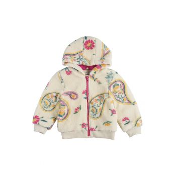 Jacheta cu gluga Teddy - fermoar roz si imprimeu  - Flexible - Ecru - pentru fetite