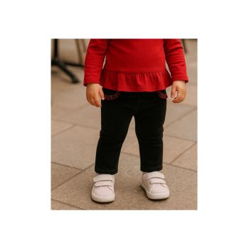 Pantaloni cu volan rosu la buzunare  - Stuart - Negru - pentru fetite