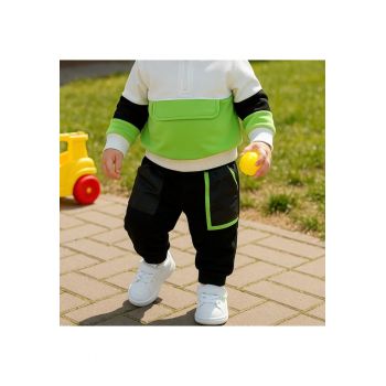Pantaloni sport cu buzunare Verde Fosforescent  - Natural Power - Negru - pentru baietei