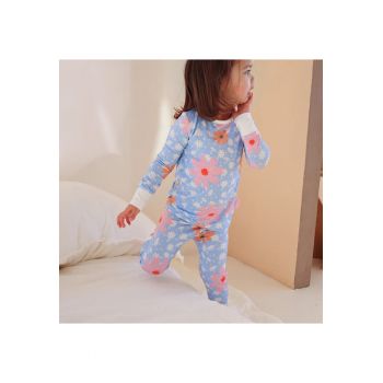 Pijamale 2 piese - material din bambus -  - Daisy - Bleu cu floricele Roz - pentru fetite