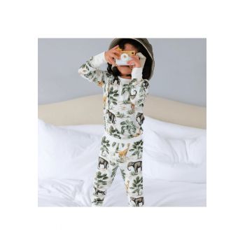 Pijamale 2 piese - material din bambus -  - Jungle - Alb si Verde - pentru baieti