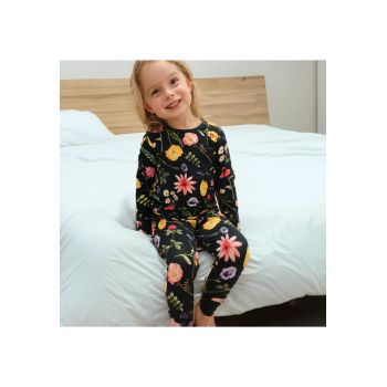 Pijamale 2 piese - material din bambus -  - WildFlower - Verde Inchis cu floricele Multicolore - pentru fetite