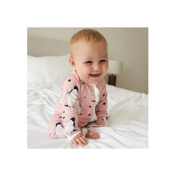 Pijamale lungi din bambus cu fermoar reversibil -  - Pink Penguin - Roz - pentru fetite