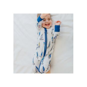 Pijamale lungi din bambus cu fermoar reversibil -  - Sailing - Alb si Albastru cu barcute - pentru baieti