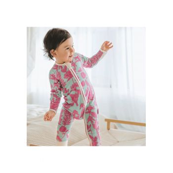 Pijamale lungi din bambus cu fermoar reversibil -  - SongBird - Turcoaz cu floricele Roz - pentru fetite