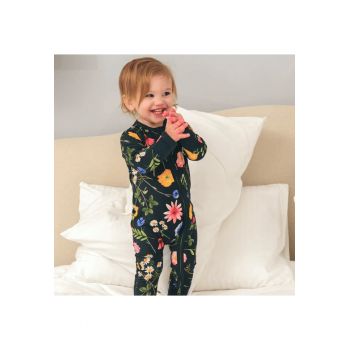 Pijamale lungi din bambus cu fermoar reversibil -  - WildFlower - Verde Inchis - pentru fetite