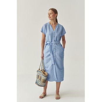 Rochie midi din amestec de in cu cordon in talie