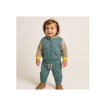 Set 2 piese sport: Bluza cu maneca lunga si gluga - pantaloni imprimati  - Super Skater - Verde Mint si Bej - pentru baietei