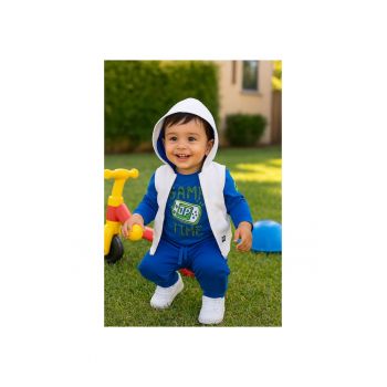 Set 3 piese sport: Bluza cu maneca lunga imprimata - pantaloni si vesta  - Gaming Mode - Albastru Electric si Alb - pentru baietei