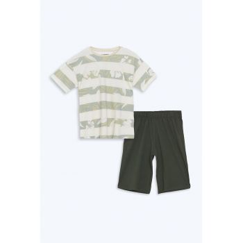 Pijama cu tricou de bumbac cu imprimeu si pantaloni scurti