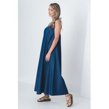 Rochie maxi de denim cu bretele cu prindere pe umeri